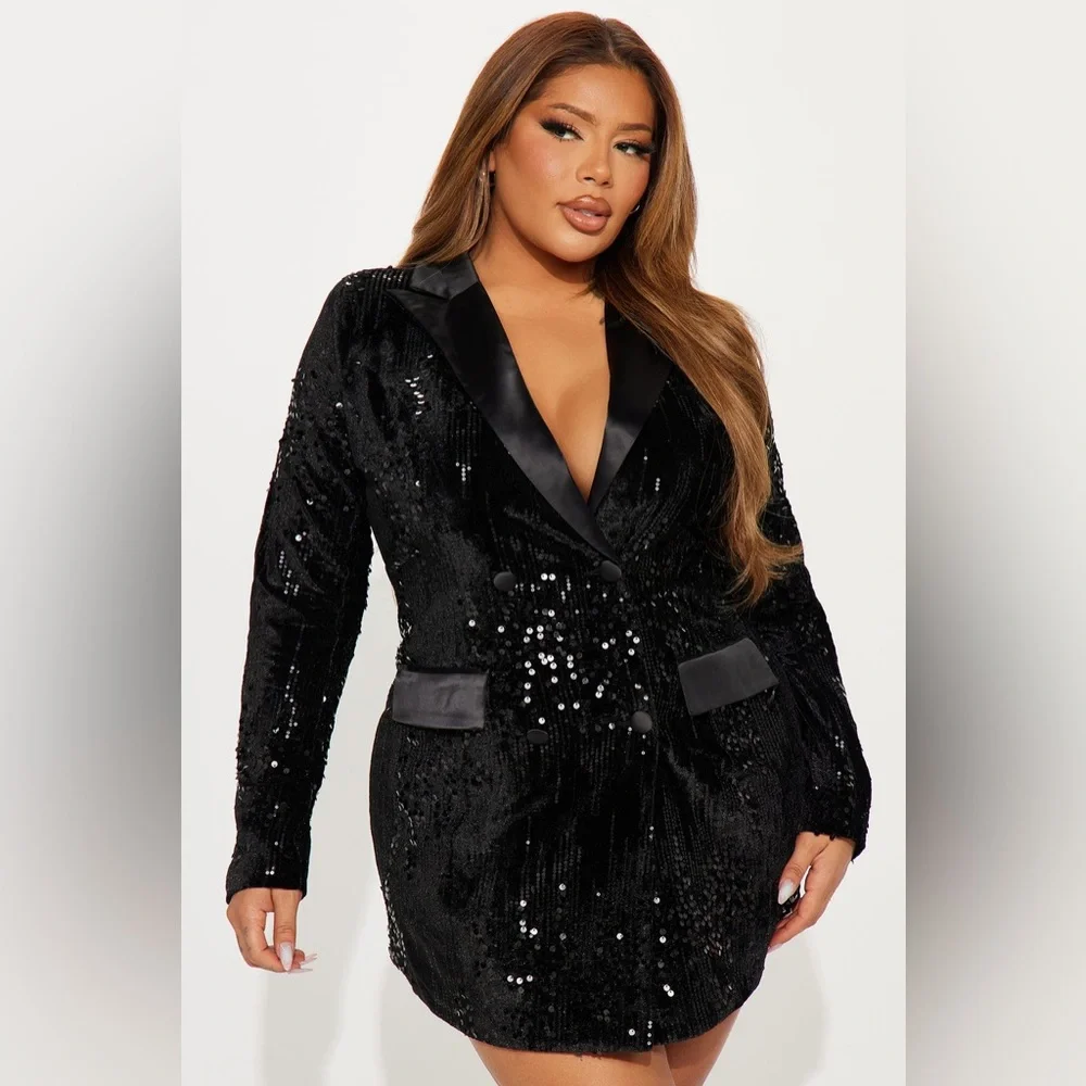 Fashion Nova Amelia Sequin Blazer Dress - Black, Size: 1X